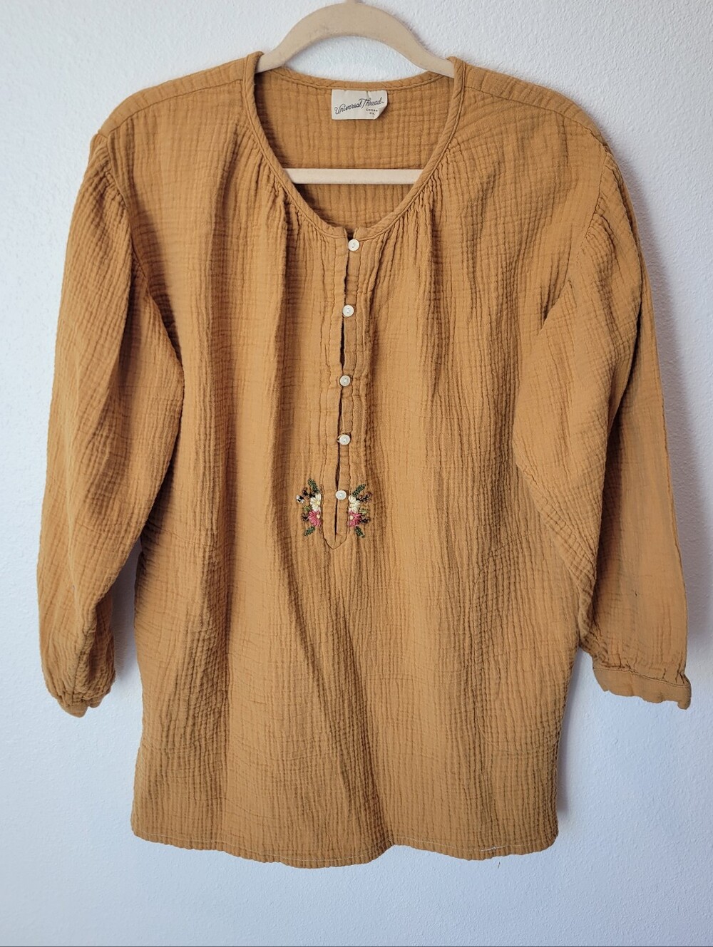 Universal Thread Yellow Gauze Peasant Tunic Top Embroidered Boho Festival